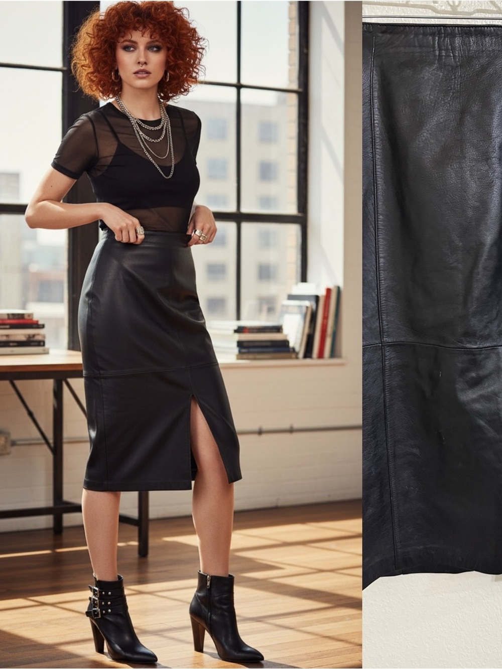 Vintage 90s Evan Davies Black Genuine Leather Pencil Skirt Size 10